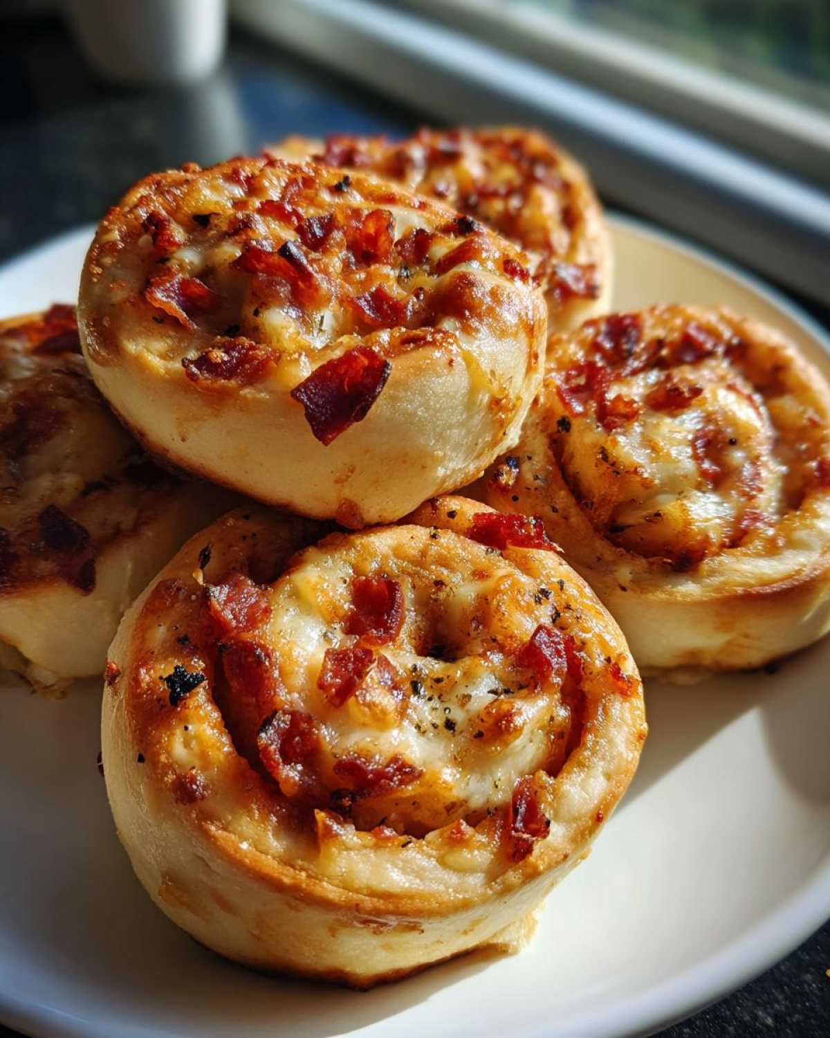 Close-up of several freshly baked pizza pinwheels topped with melted cheese and crispy bacon pieces.