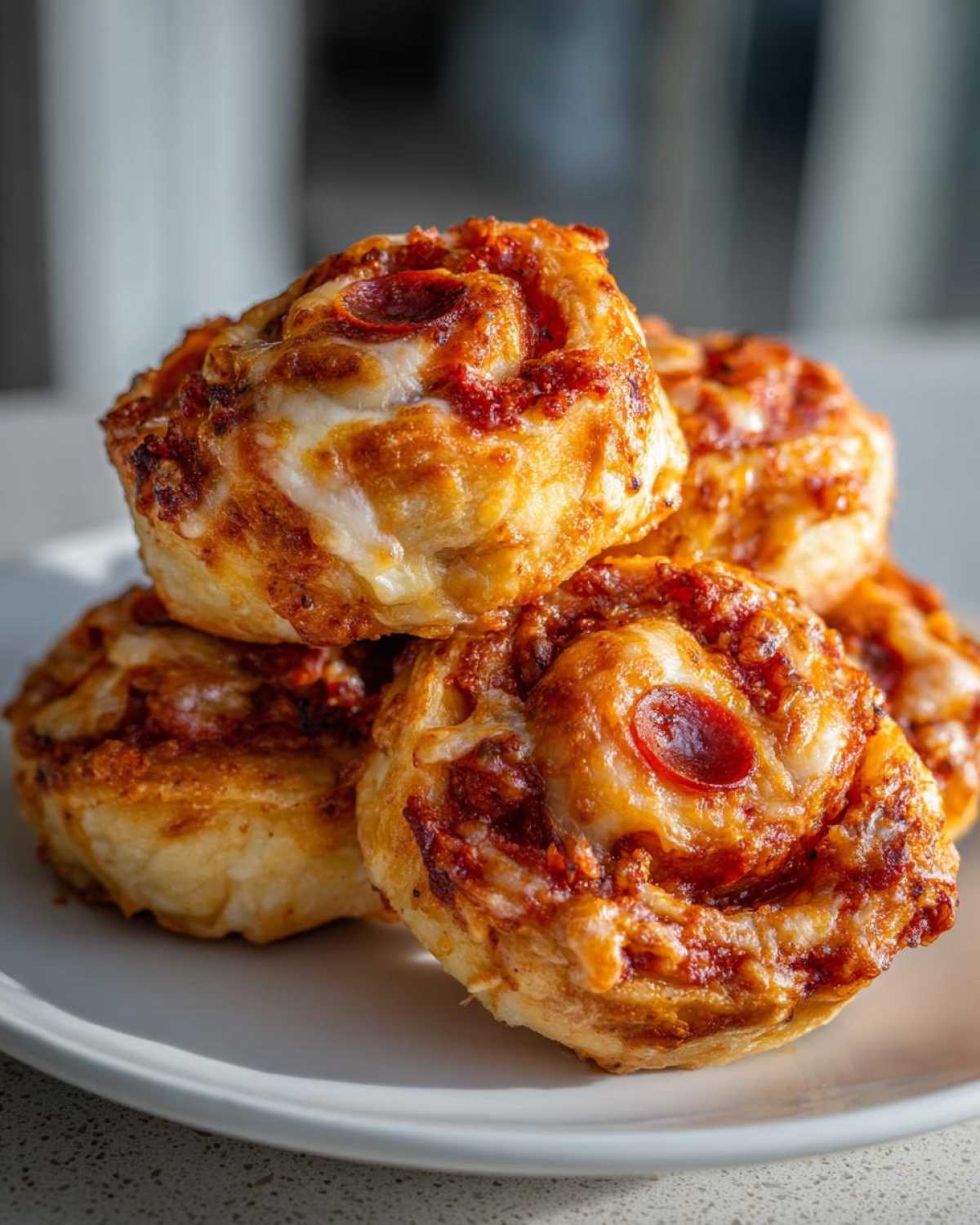 Close-up of a stack of golden brown, cheesy pizza pinwheels with pepperoni visible.
