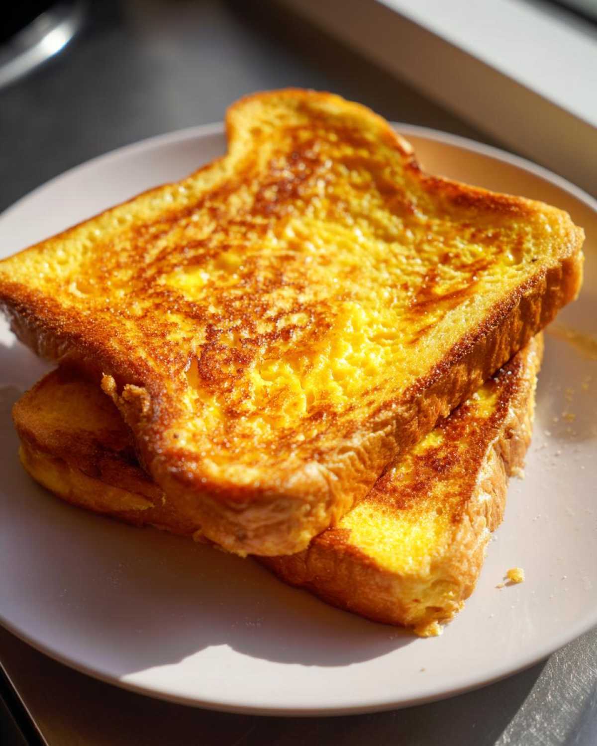 Two slices of golden brown, perfectly cooked protein french toast stacked on a white plate.