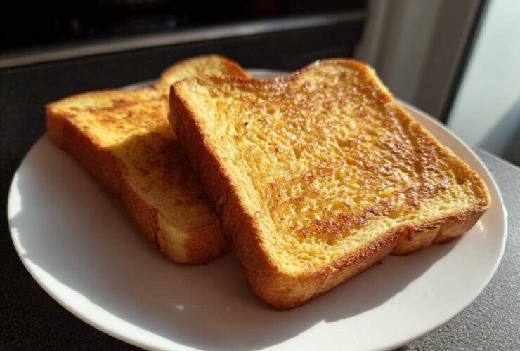 Two golden-brown slices of protein french toast stacked slightly on a white plate, catching bright sunlight.