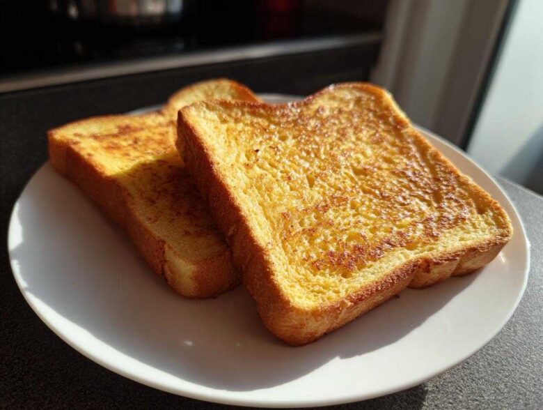 Two golden-brown slices of protein french toast stacked slightly on a white plate, catching bright sunlight.