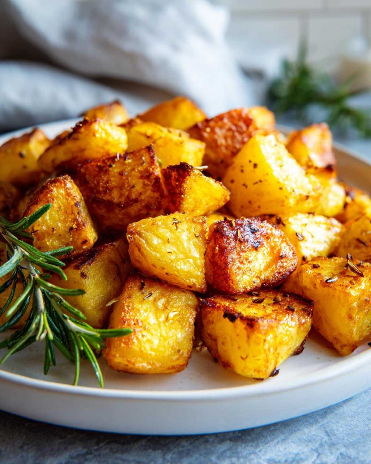 Close-up of perfectly golden, crispy roasted breakfast potatoes seasoned with herbs on a white plate.