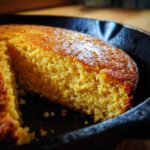 Close-up of golden brown skillet cornbread with a piece cut out, showing the moist texture.