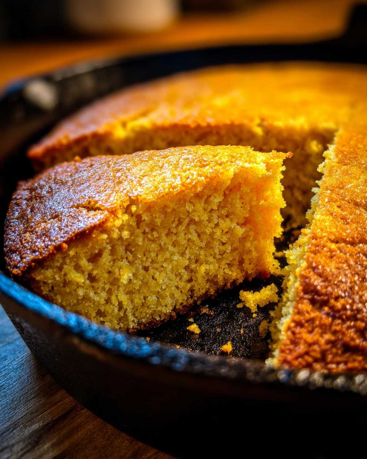 Close-up of a golden slice of skillet cornbread being lifted from the rest of the bread in a dark cast iron pan.