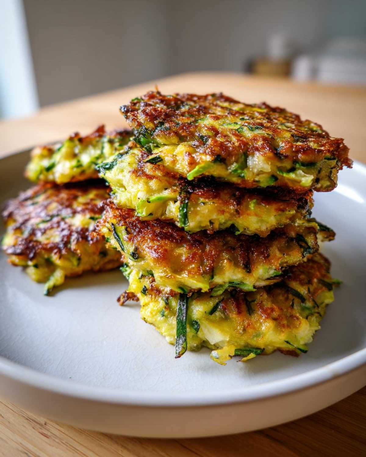 A stack of four golden-brown, crispy zucchini fritters served on a light-colored plate.
