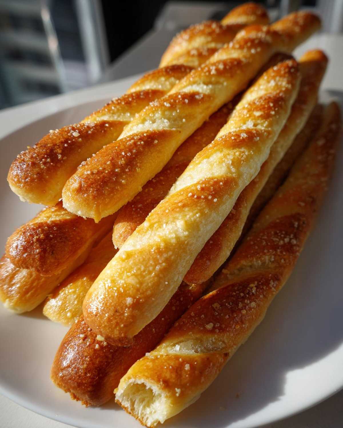 A pile of golden-brown, twisted breadsticks sprinkled with coarse salt, resting on a white plate.