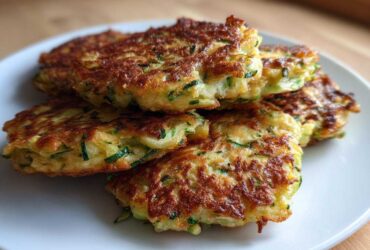 A stack of four golden brown, pan-fried zucchini fritters showing shredded green zucchini inside.