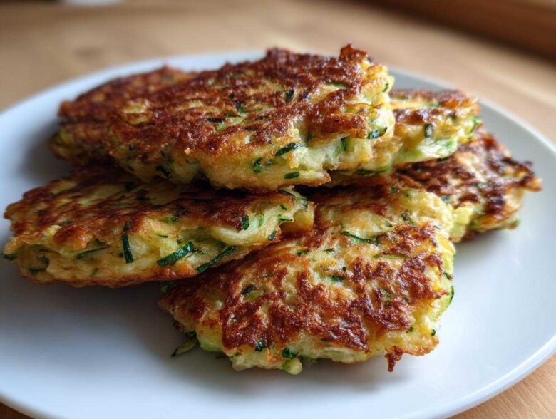 A stack of four golden brown, pan-fried zucchini fritters showing shredded green zucchini inside.