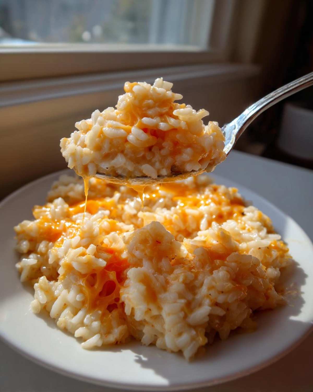 A spoonful of creamy cheesy rice lifted from a plate, showing melted orange cheddar cheese stretching below.