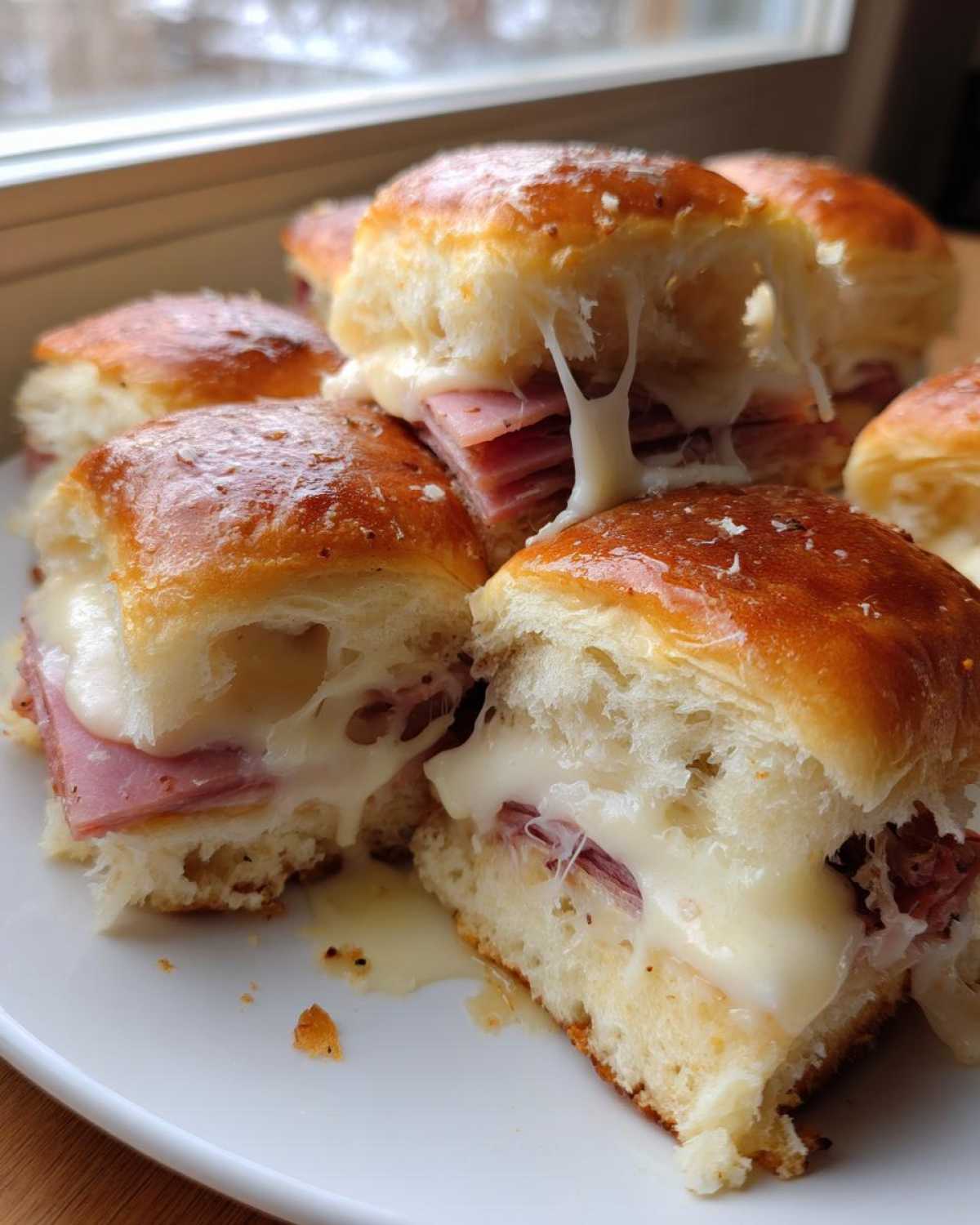 Close-up of gooey, melted cheese stretching between freshly baked Ham and Cheese Sliders.