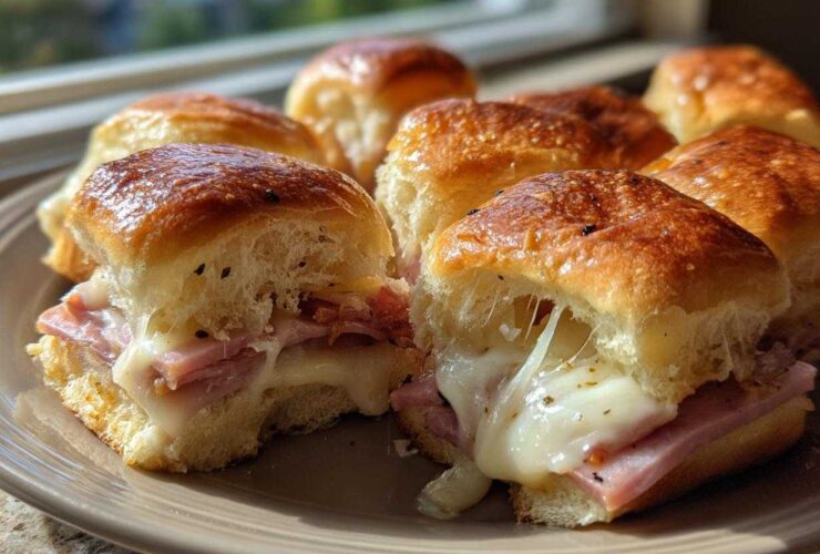 Close-up of gooey Ham and Cheese Sliders showing melted cheese stretching between the halves.