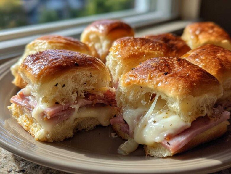 Close-up of gooey Ham and Cheese Sliders showing melted cheese stretching between the halves.