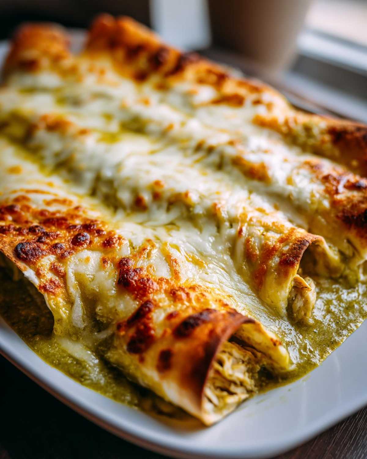 Close-up of three baked green chile chicken enchiladas smothered in melted, slightly browned cheese.