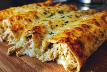 Close-up of three baked green chile chicken enchiladas covered in melted, browned cheese and parsley.