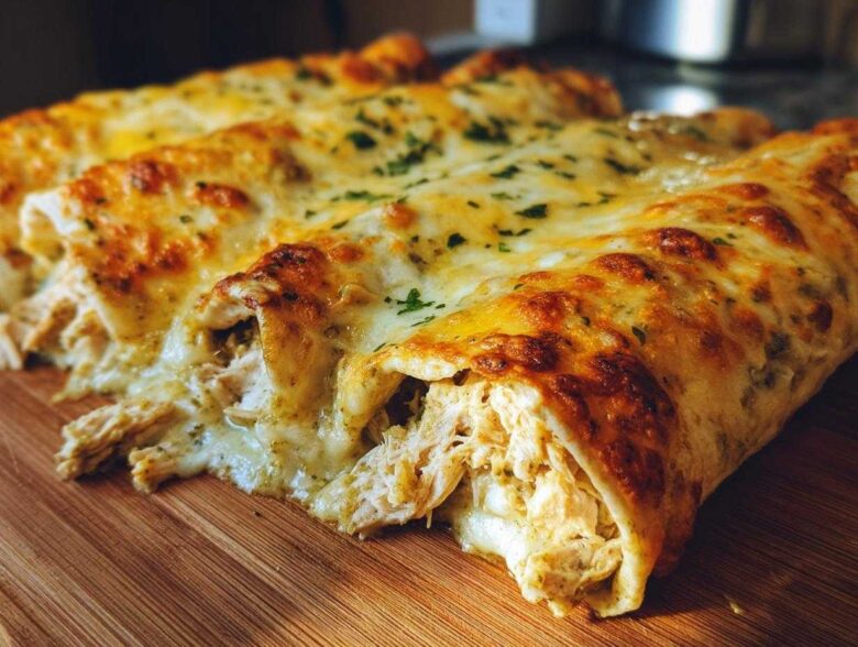 Close-up of three baked green chile chicken enchiladas covered in melted, browned cheese and parsley.