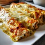 Close-up of three baked green chile chicken enchiladas covered in melted, bubbly cheese.