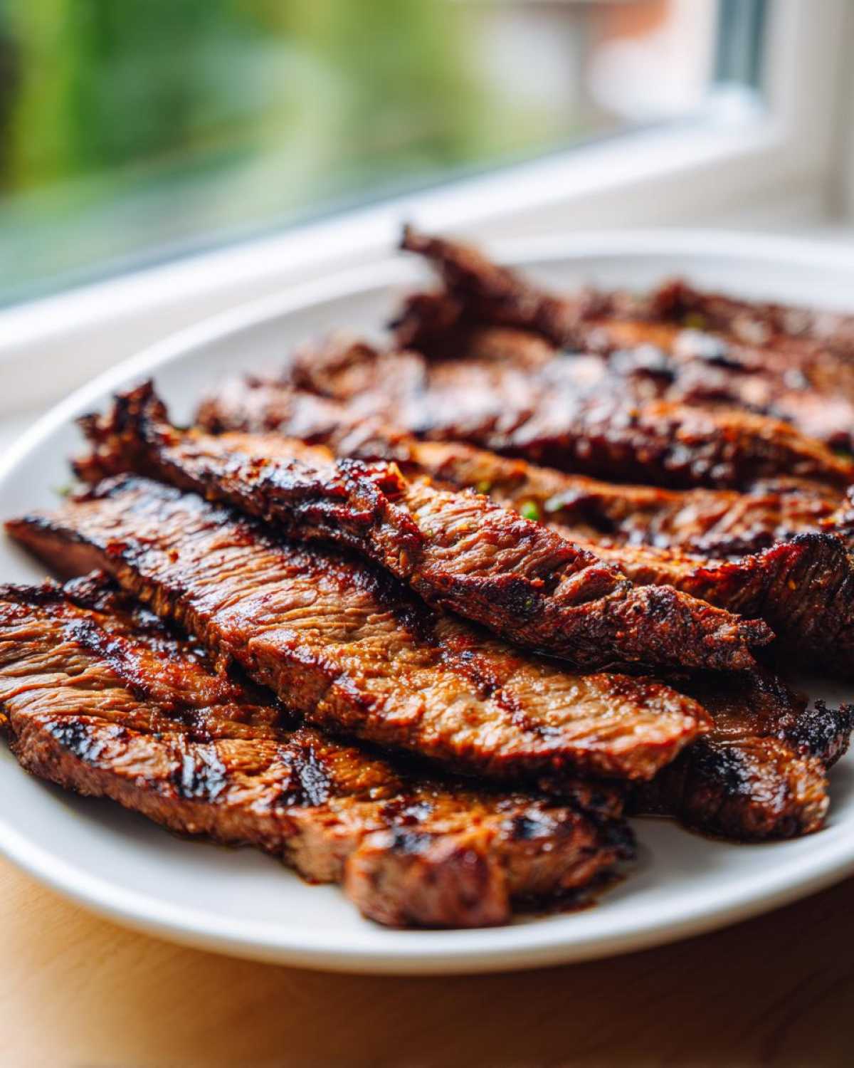Close-up of juicy, grilled, sliced steak prepared with carne asada marinade, served on a white plate.