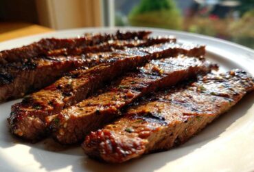 Close-up of perfectly grilled and sliced steak coated in a flavorful carne asada marinade, resting on a white plate.