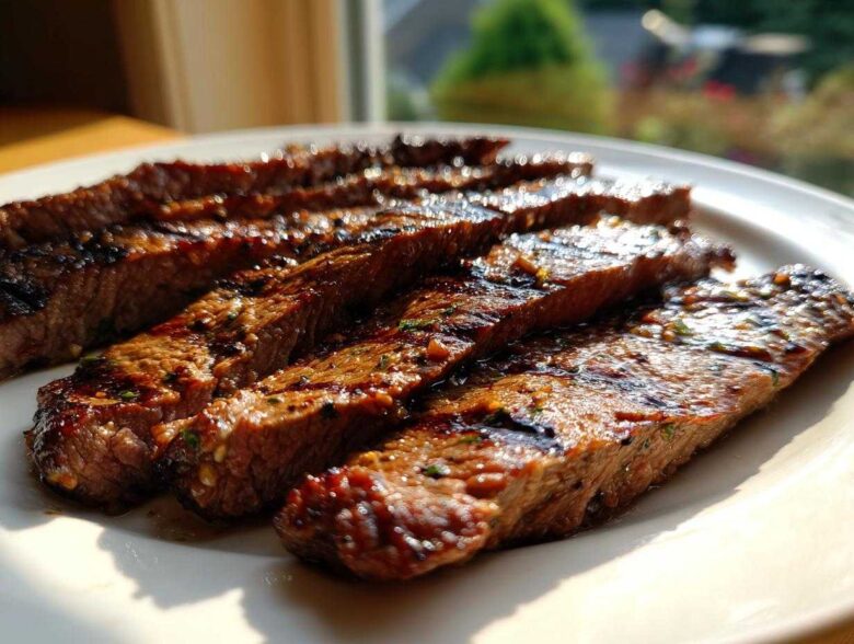 Close-up of perfectly grilled and sliced steak coated in a flavorful carne asada marinade, resting on a white plate.