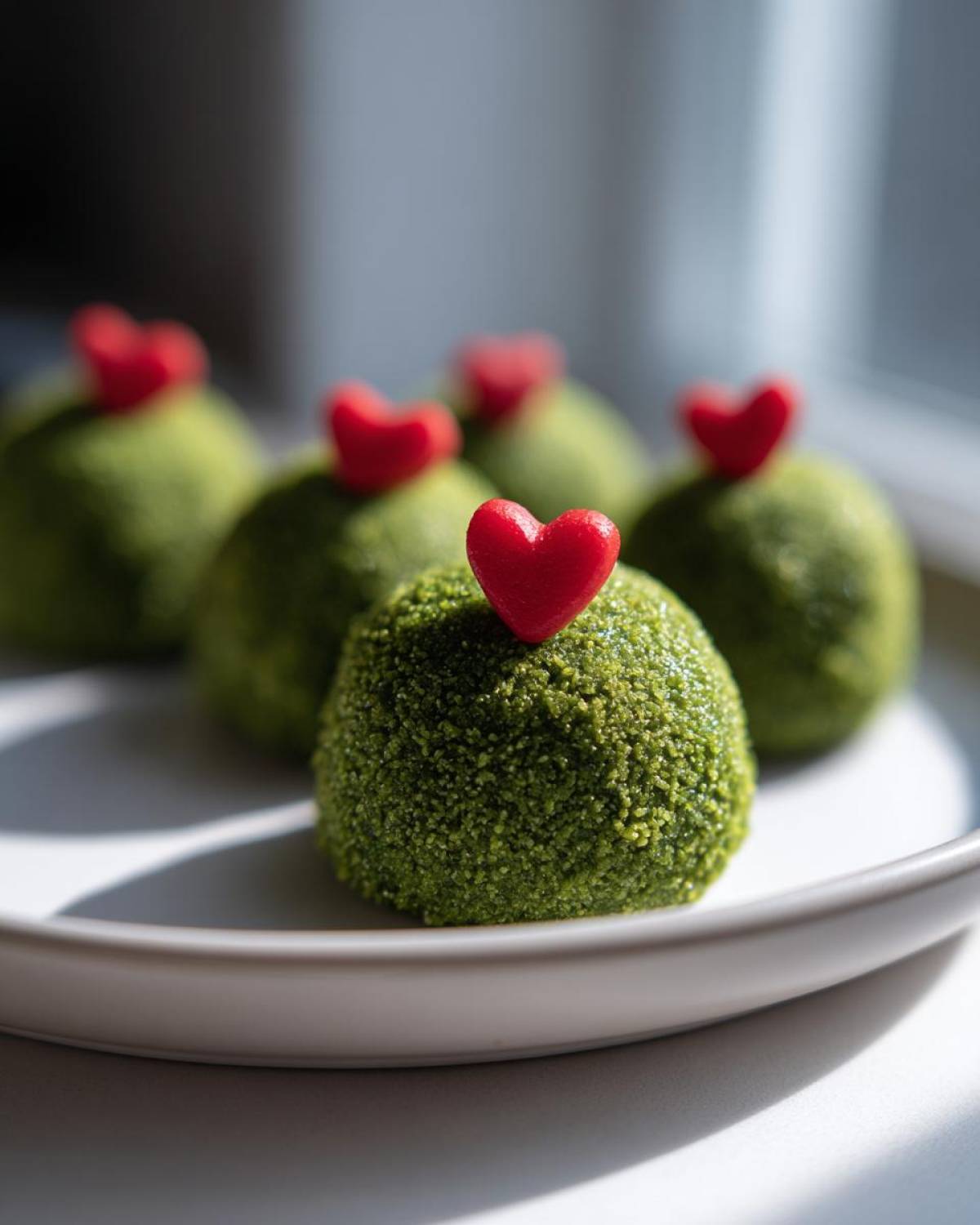 Close-up of bright green Grinch Oreo balls coated in green sprinkles, each topped with a small red heart candy.