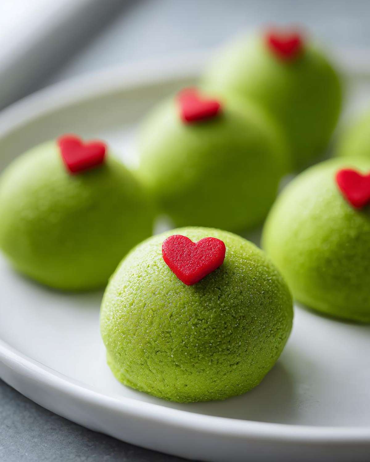 Close-up of bright green Grinch Oreo balls topped with small red heart sprinkles on a white plate.