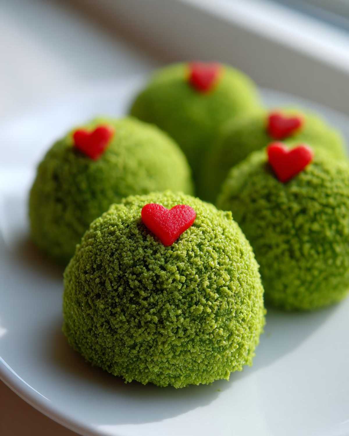 Close-up of several bright green Grinch Oreo balls coated in green crumbs, each topped with a small red heart.