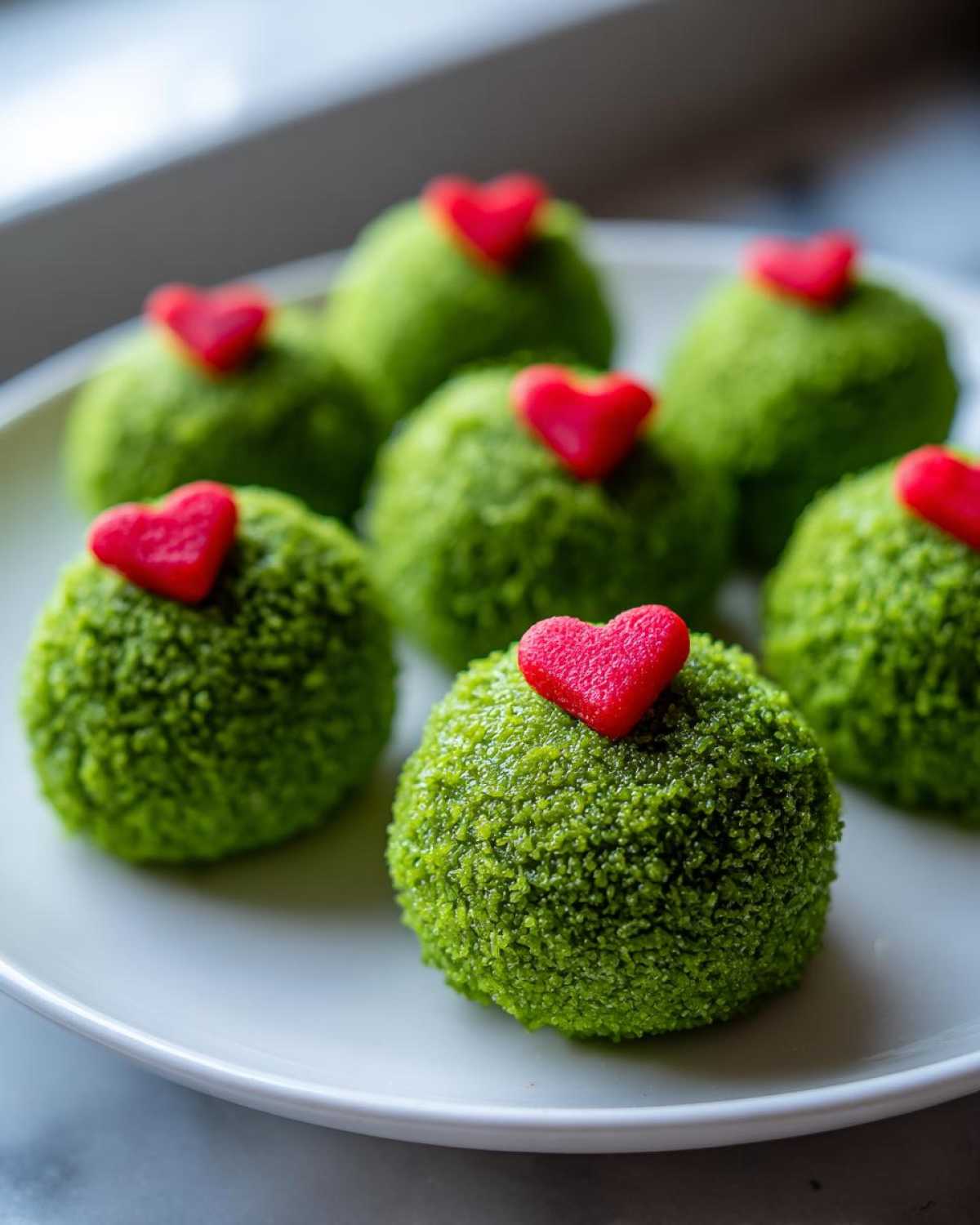 Several bright green, textured grinch oreo balls topped with small red heart candies on a white plate.