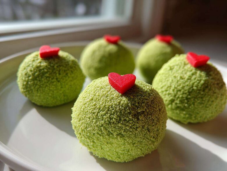 Close-up of four green, textured Grinch Oreo balls topped with small red candy hearts on a white plate.