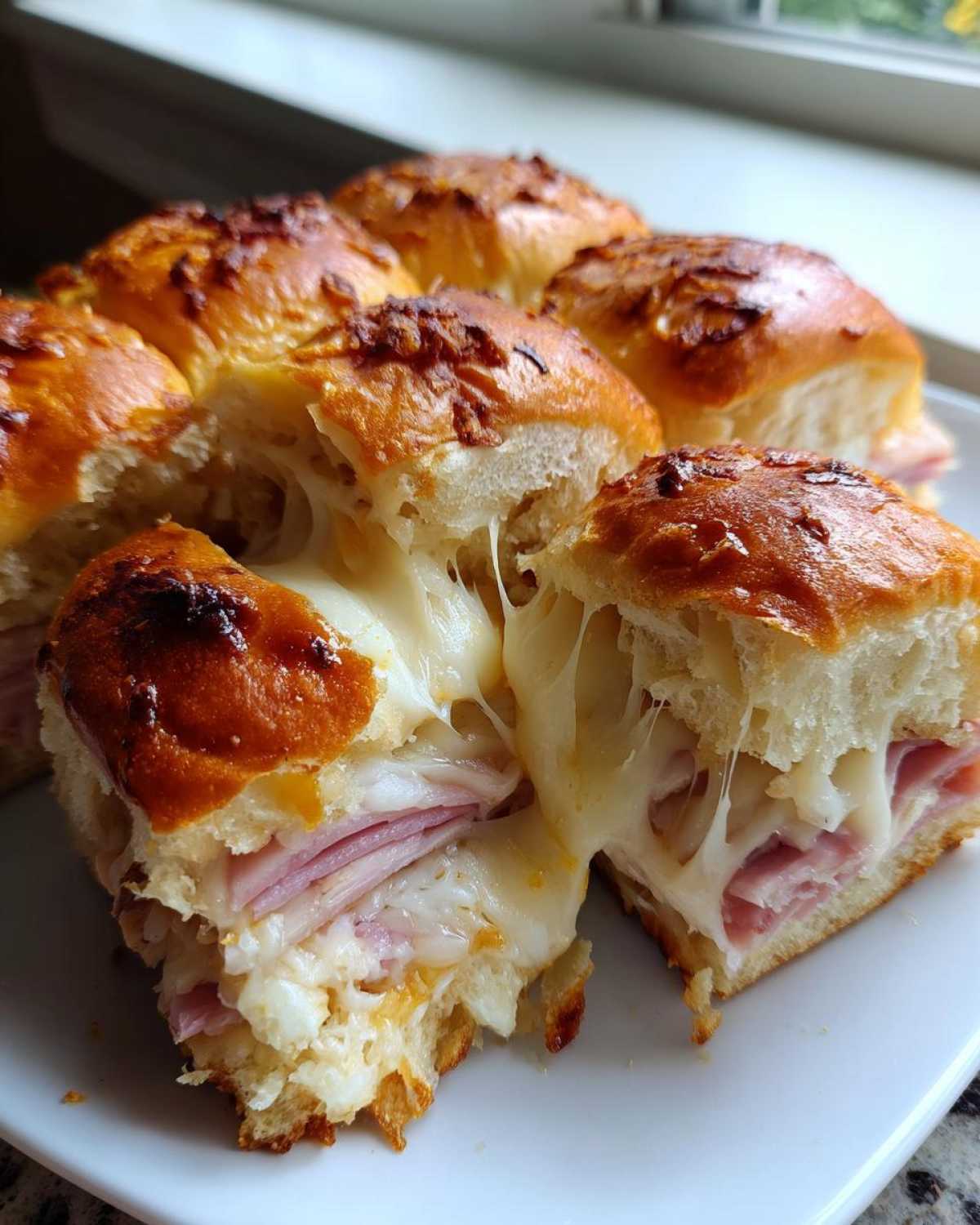 Close-up of Ham and Cheese Sliders pulled apart showing melted, gooey cheese stretching between the halves.