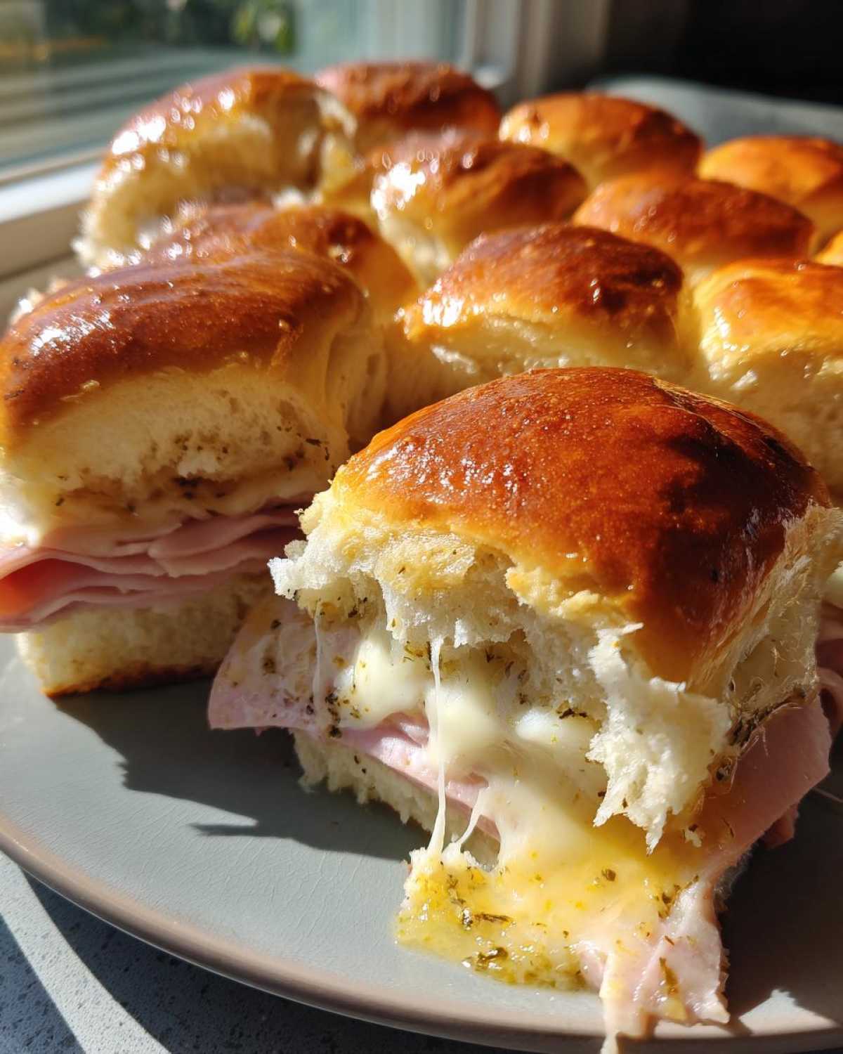 Close-up of Ham and Cheese Sliders showing melted, stringy cheese oozing out of a split roll.