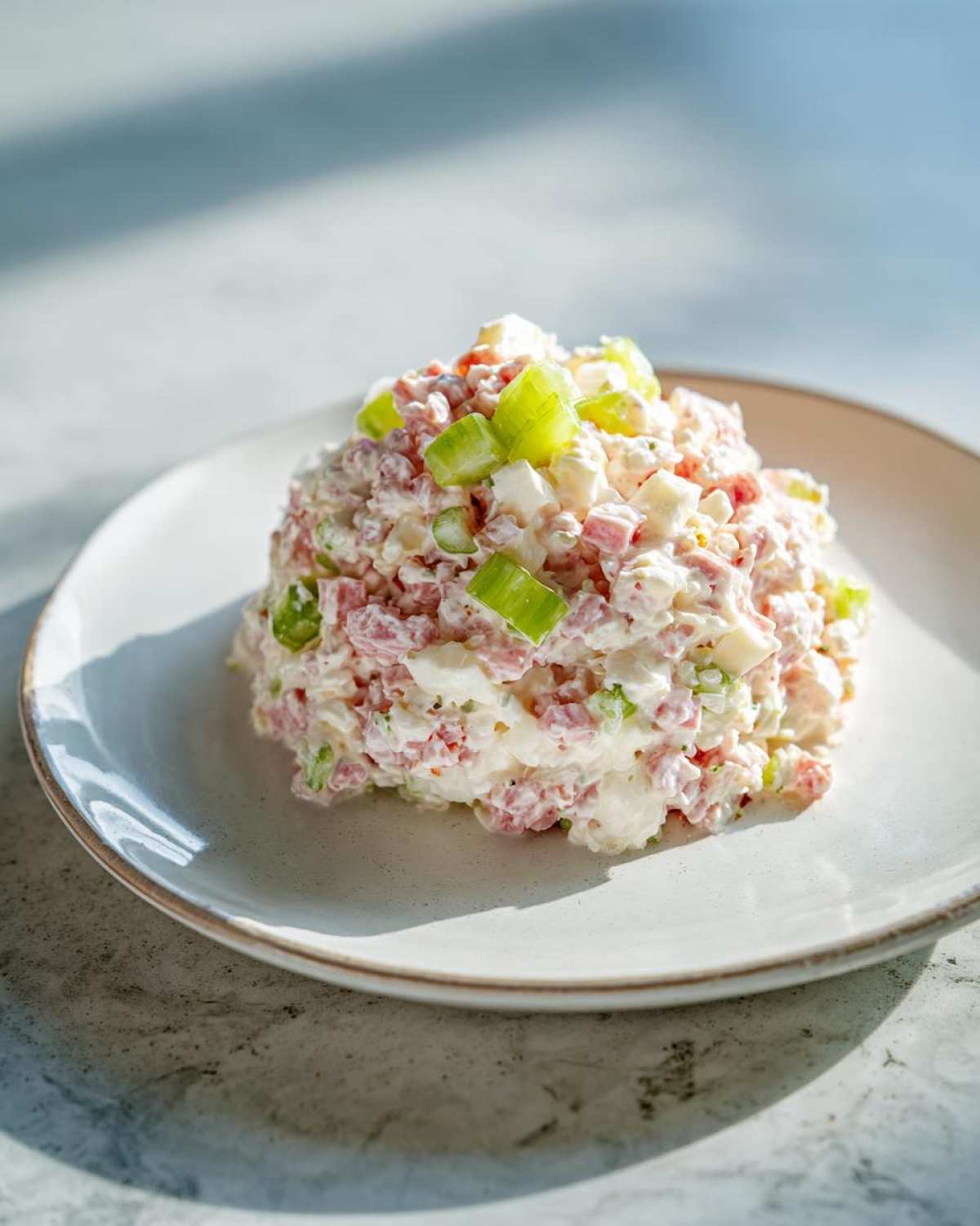 A scoop of creamy ham salad mixed with diced ham, eggs, and topped with bright green celery pieces.