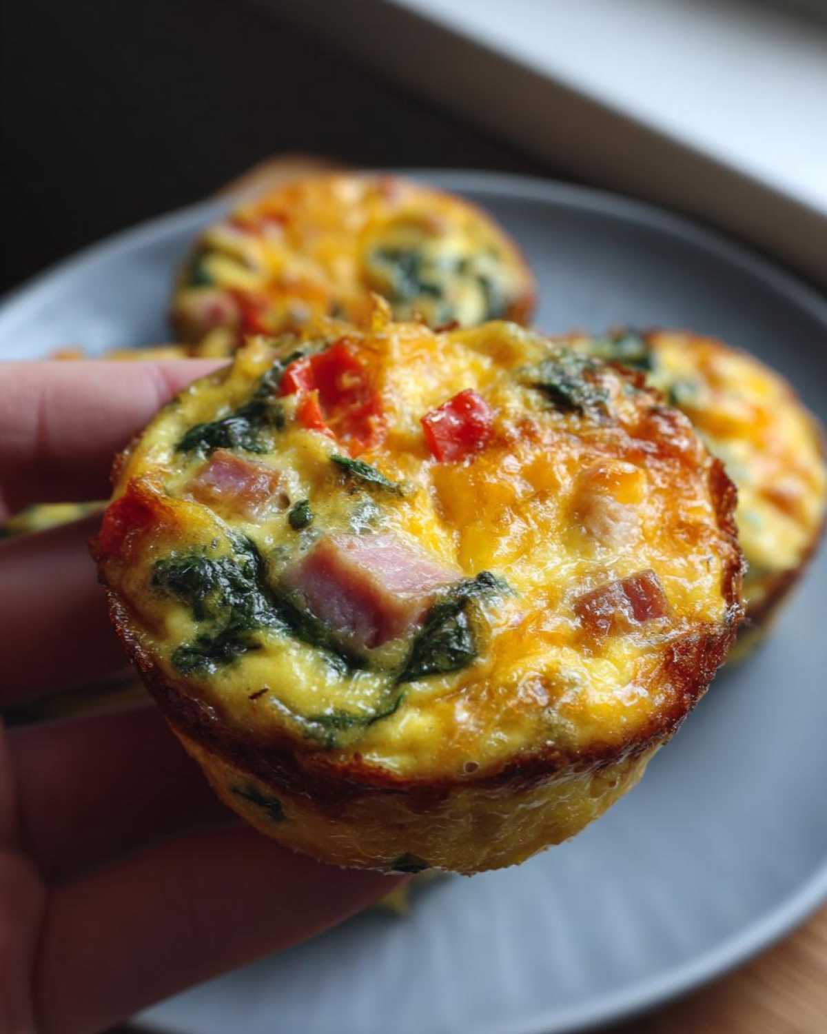 A hand holding one savory Egg Muffin Cup filled with ham, spinach, and melted cheese.