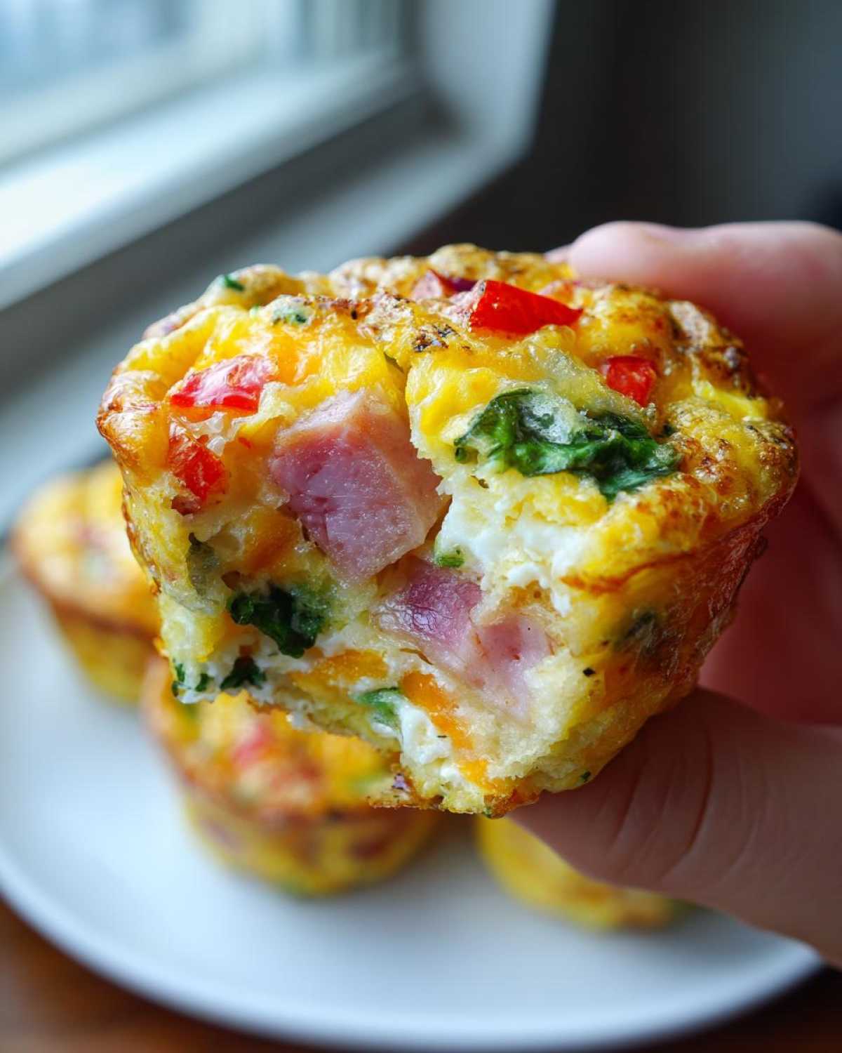 A hand holding a cross-section of a savory Egg Muffin Cup filled with ham, spinach, and red peppers.
