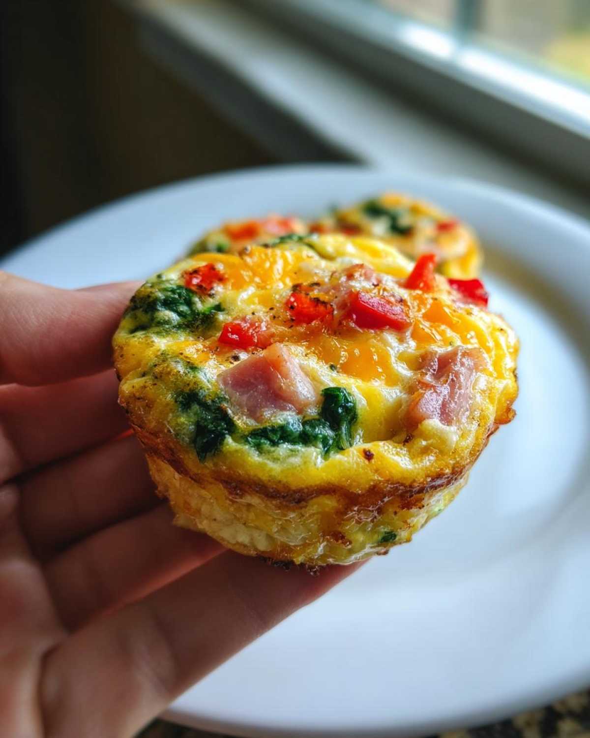 A hand holding one freshly baked Egg Muffin Cup topped with melted cheese, ham, spinach, and red peppers.