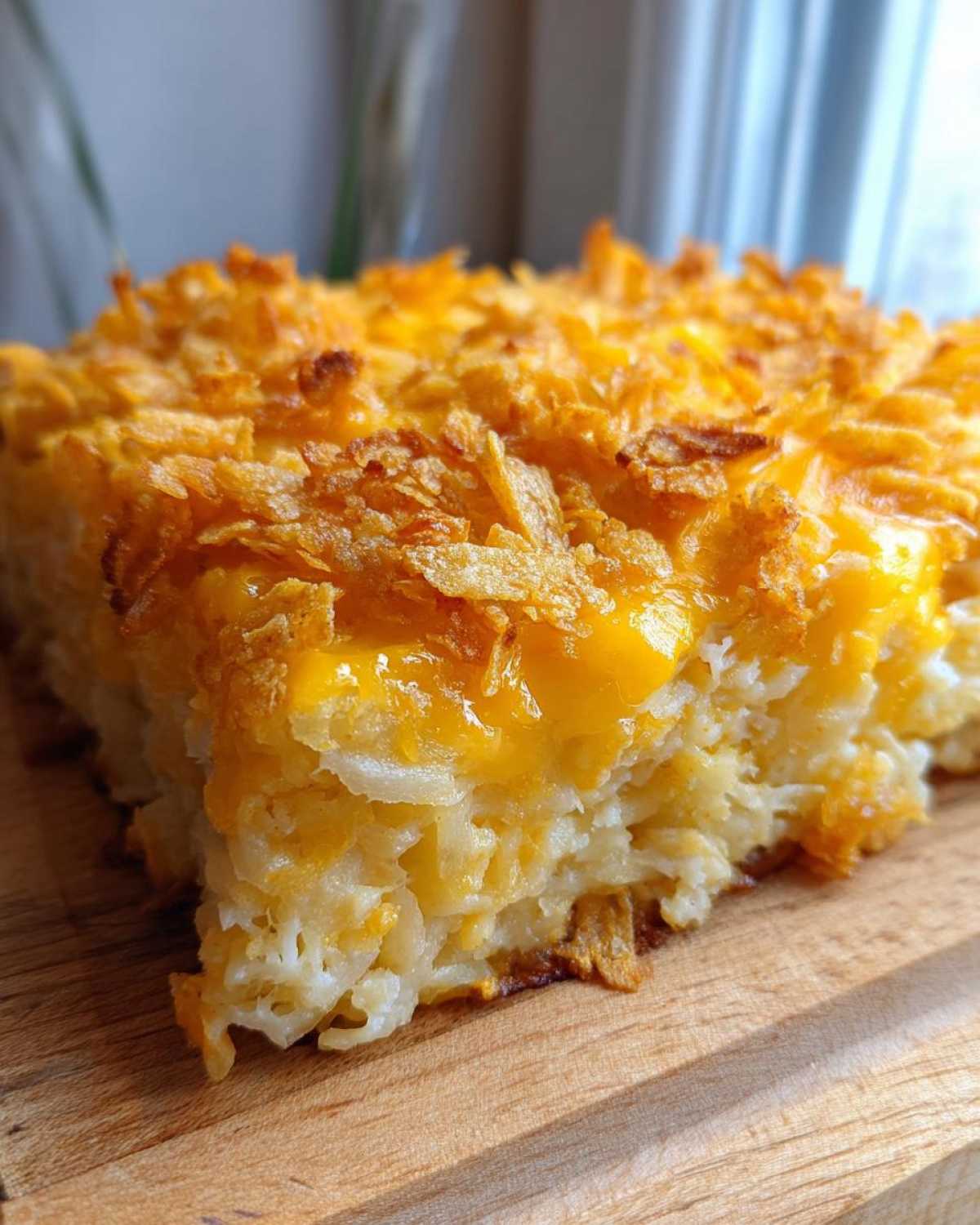 A close-up of a thick slice of hashbrown casserole topped with melted cheddar cheese and crispy potato flakes.