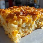 A close-up, golden-brown slice of creamy hashbrown casserole topped with melted cheese and crispy flakes.