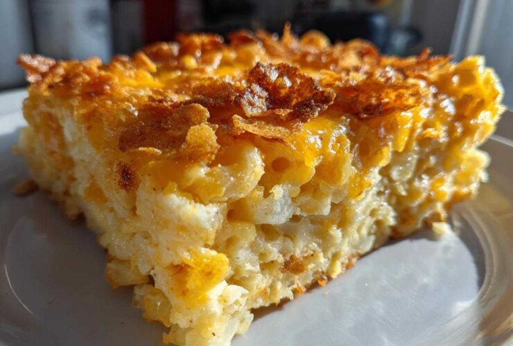 A close-up, golden-brown slice of creamy hashbrown casserole topped with melted cheese and crispy flakes.