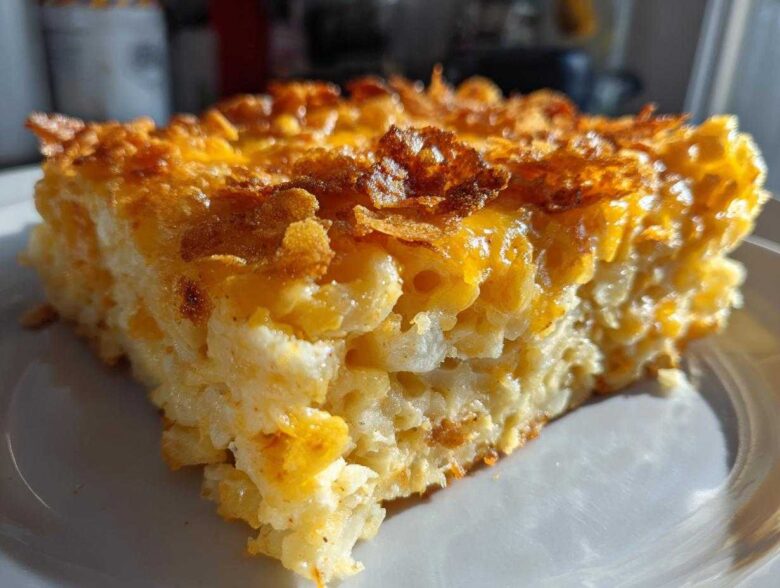 A close-up, golden-brown slice of creamy hashbrown casserole topped with melted cheese and crispy flakes.