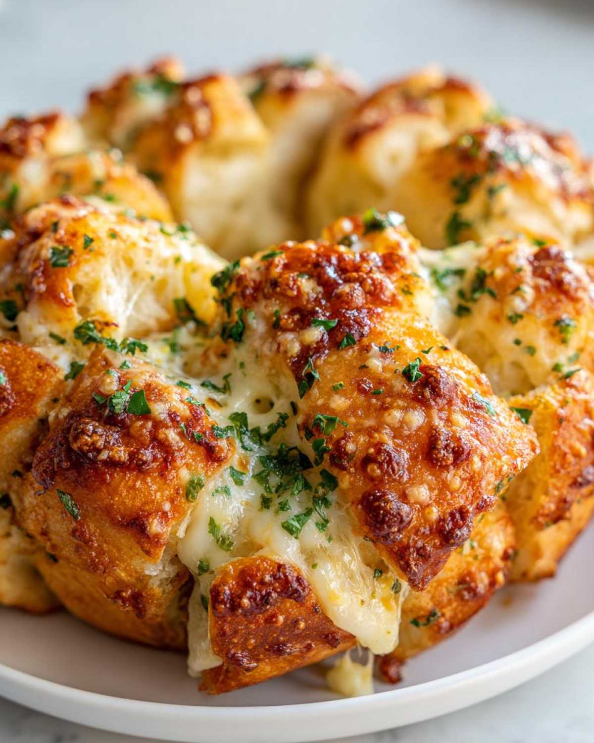 Close-up of cheesy Hawaiian roll garlic bread, melted cheese oozing out, topped with parsley.