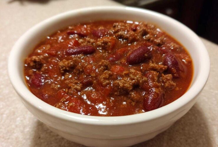 Close-up of a white bowl filled with rich, thick crockpot chili featuring ground beef and kidney beans.