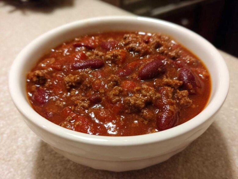 Close-up of a white bowl filled with rich, thick crockpot chili featuring ground beef and kidney beans.