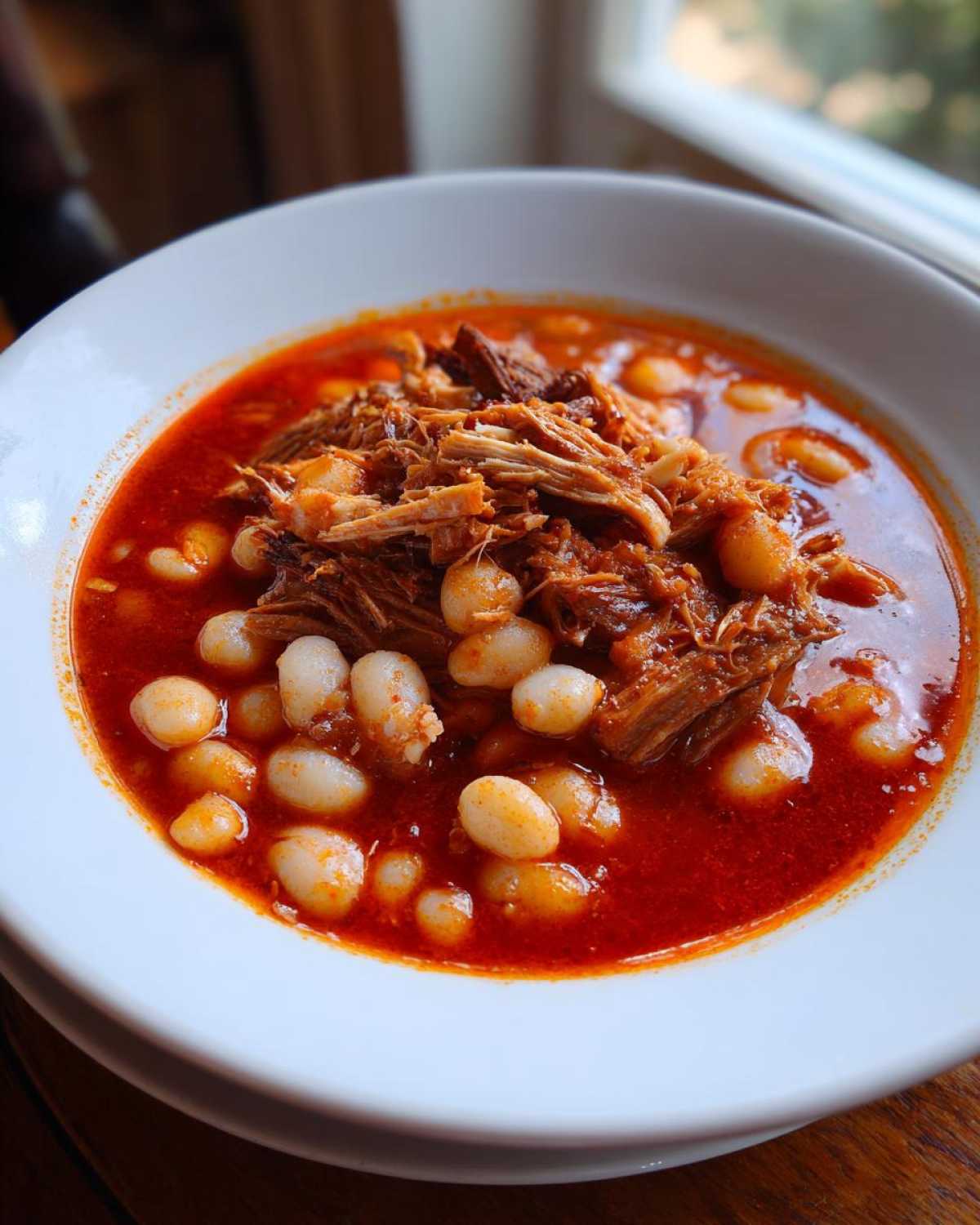 Close-up of a white bowl filled with rich red Pozole rojo, featuring shredded meat and large white hominy kernels.