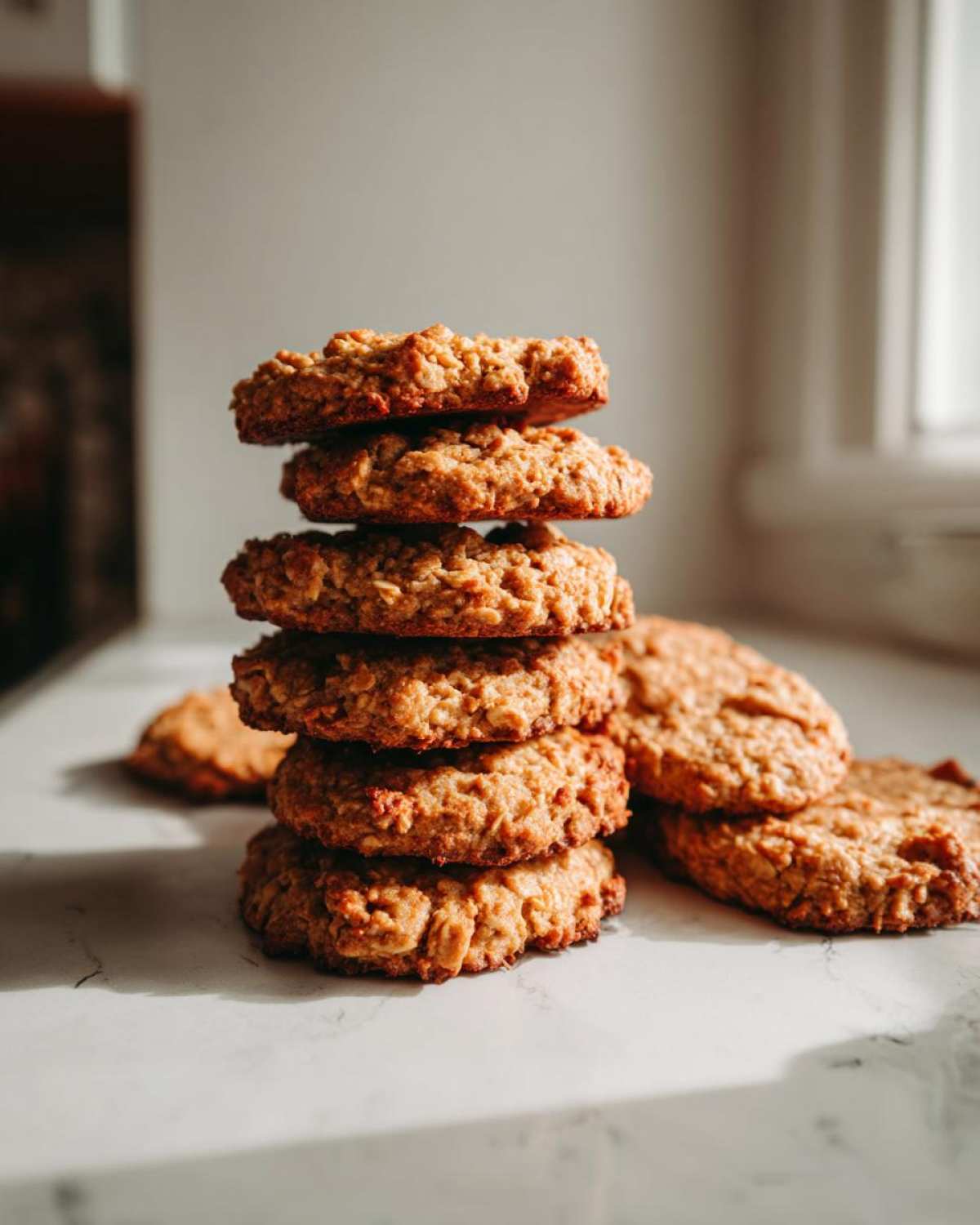 A tall stack of golden brown, textured breakfast cookie treats made with oats, sitting on a white marble counter.