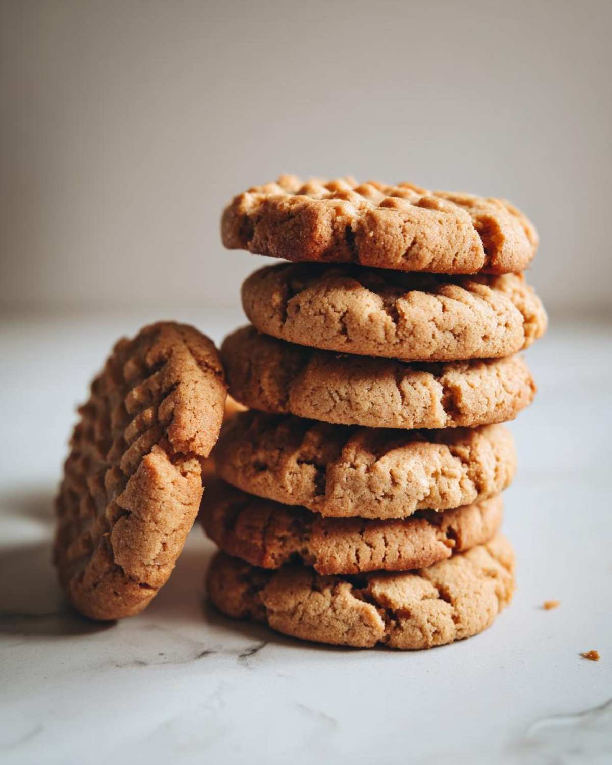 A tall stack of six golden brown breakfast cookie treats with classic fork marks on top.