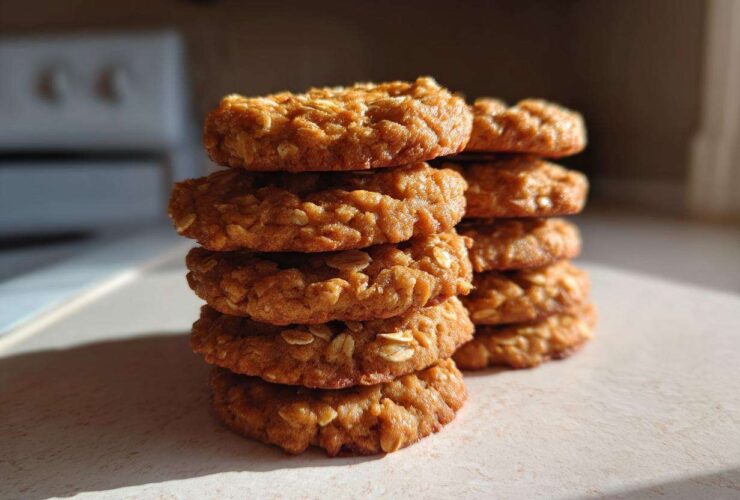 A tall stack of golden brown oatmeal breakfast cookie rounds catching the morning light.