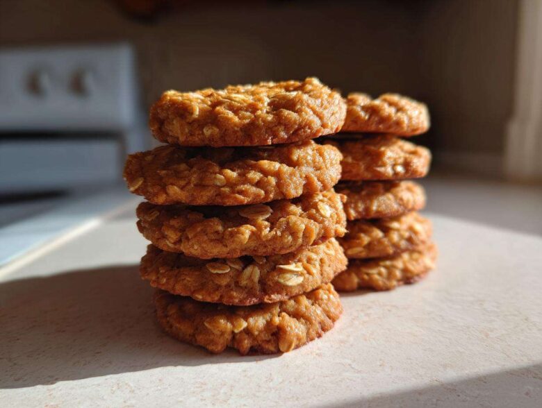 A tall stack of golden brown oatmeal breakfast cookie rounds catching the morning light.