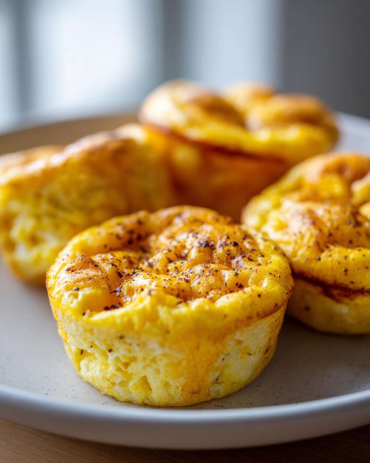 Close-up of several fluffy, golden high-protein egg bites seasoned with pepper on a light-colored plate.