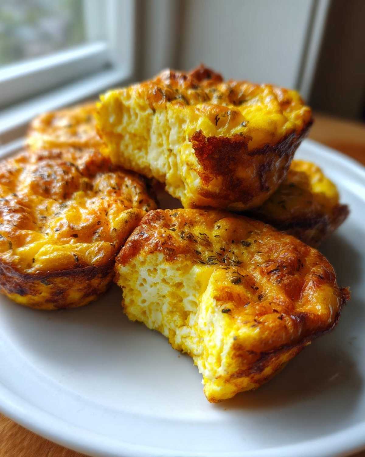 Close-up of several golden brown, fluffy egg bites stacked on a white plate, one is broken open.