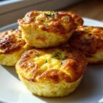 A close-up of four golden brown, fluffy high-protein egg bites stacked on a white plate, garnished with chives.