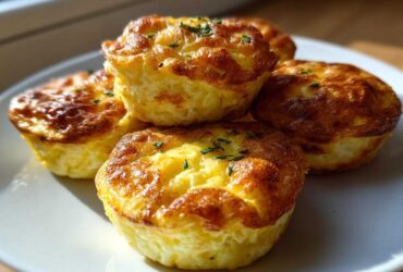 A close-up of four golden brown, fluffy high-protein egg bites stacked on a white plate, garnished with chives.